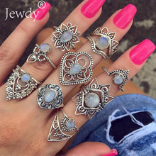 Load image into Gallery viewer, 40 Styles Women Bohemian Vintage Crown Wave Flower Heart Lotus Star Leaf Crystal Opal Joint Ring Party Jewelry Silver Rings Set