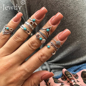 40 Styles Women Bohemian Vintage Crown Wave Flower Heart Lotus Star Leaf Crystal Opal Joint Ring Party Jewelry Silver Rings Set