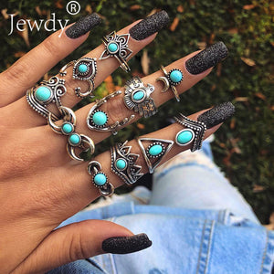 40 Styles Women Bohemian Vintage Crown Wave Flower Heart Lotus Star Leaf Crystal Opal Joint Ring Party Jewelry Silver Rings Set