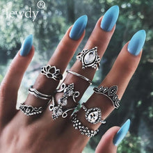 Load image into Gallery viewer, 40 Styles Women Bohemian Vintage Crown Wave Flower Heart Lotus Star Leaf Crystal Opal Joint Ring Party Jewelry Silver Rings Set