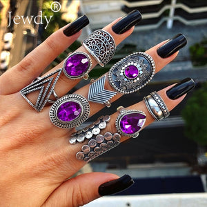 40 Styles Women Bohemian Vintage Crown Wave Flower Heart Lotus Star Leaf Crystal Opal Joint Ring Party Jewelry Silver Rings Set