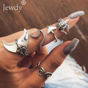 40 Styles Women Bohemian Vintage Crown Wave Flower Heart Lotus Star Leaf Crystal Opal Joint Ring Party Jewelry Silver Rings Set