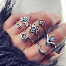 Load image into Gallery viewer, 40 Styles Women Bohemian Vintage Crown Wave Flower Heart Lotus Star Leaf Crystal Opal Joint Ring Party Jewelry Silver Rings Set