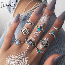 Load image into Gallery viewer, 40 Styles Women Bohemian Vintage Crown Wave Flower Heart Lotus Star Leaf Crystal Opal Joint Ring Party Jewelry Silver Rings Set