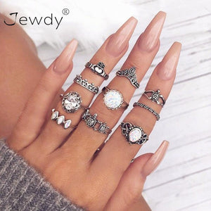 40 Styles Women Bohemian Vintage Crown Wave Flower Heart Lotus Star Leaf Crystal Opal Joint Ring Party Jewelry Silver Rings Set