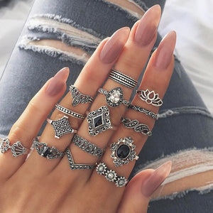 40 Styles Women Bohemian Vintage Crown Wave Flower Heart Lotus Star Leaf Crystal Opal Joint Ring Party Jewelry Silver Rings Set