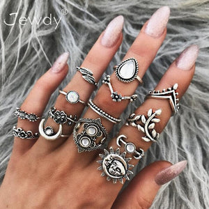 40 Styles Women Bohemian Vintage Crown Wave Flower Heart Lotus Star Leaf Crystal Opal Joint Ring Party Jewelry Silver Rings Set