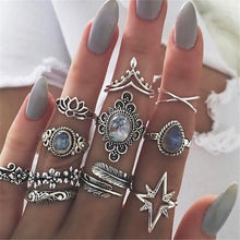 Load image into Gallery viewer, 40 Styles Women Bohemian Vintage Crown Wave Flower Heart Lotus Star Leaf Crystal Opal Joint Ring Party Jewelry Silver Rings Set