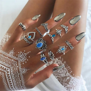 40 Styles Women Bohemian Vintage Crown Wave Flower Heart Lotus Star Leaf Crystal Opal Joint Ring Party Jewelry Silver Rings Set