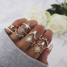 Load image into Gallery viewer, 40 Styles Women Bohemian Vintage Crown Wave Flower Heart Lotus Star Leaf Crystal Opal Joint Ring Party Jewelry Silver Rings Set