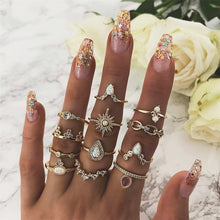 Load image into Gallery viewer, 40 Styles Women Bohemian Vintage Crown Wave Flower Heart Lotus Star Leaf Crystal Opal Joint Ring Party Jewelry Silver Rings Set