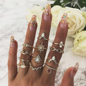 40 Styles Women Bohemian Vintage Crown Wave Flower Heart Lotus Star Leaf Crystal Opal Joint Ring Party Jewelry Silver Rings Set