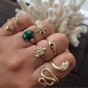 40 Styles Women Bohemian Vintage Crown Wave Flower Heart Lotus Star Leaf Crystal Opal Joint Ring Party Jewelry Silver Rings Set