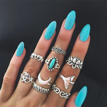 Load image into Gallery viewer, 40 Styles Women Bohemian Vintage Crown Wave Flower Heart Lotus Star Leaf Crystal Opal Joint Ring Party Jewelry Silver Rings Set