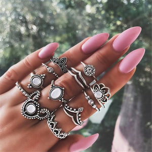 40 Styles Women Bohemian Vintage Crown Wave Flower Heart Lotus Star Leaf Crystal Opal Joint Ring Party Jewelry Silver Rings Set