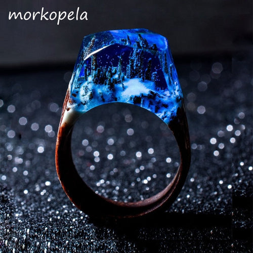 Morkopela Handmade Wood Resin Stone Ring With Magnificent Fanstasy Secret Magic Landscape Wooden Rings Boho Women Men Jewelry