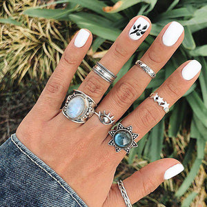 40 Styles Women Bohemian Vintage Crown Wave Flower Heart Lotus Star Leaf Crystal Opal Joint Ring Party Jewelry Silver Rings Set