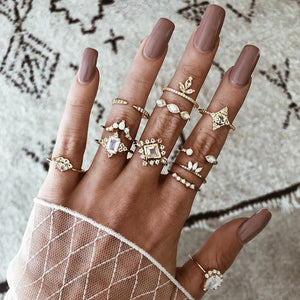 40 Styles Women Bohemian Vintage Crown Wave Flower Heart Lotus Star Leaf Crystal Opal Joint Ring Party Jewelry Silver Rings Set