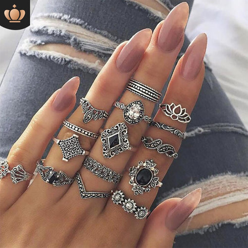 15pcs / set Twist Fashion Gold Sliver Rings Set For Women Girls Vintage Round Ring Knuckle Rings Female PUNK Jewelry Accessories