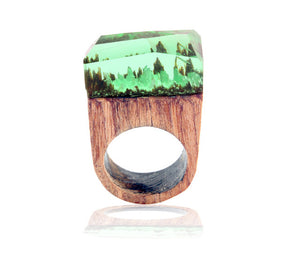 Morkopela Handmade Wood Resin Stone Ring With Magnificent Fanstasy Secret Magic Landscape Wooden Rings Boho Women Men Jewelry