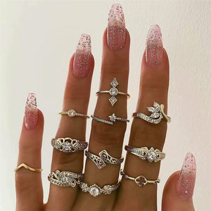 40 Styles Women Bohemian Vintage Crown Wave Flower Heart Lotus Star Leaf Crystal Opal Joint Ring Party Jewelry Silver Rings Set