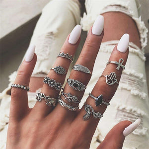 40 Styles Women Bohemian Vintage Crown Wave Flower Heart Lotus Star Leaf Crystal Opal Joint Ring Party Jewelry Silver Rings Set