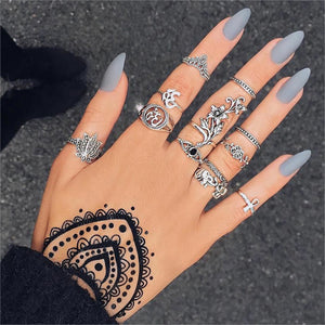 40 Styles Women Bohemian Vintage Crown Wave Flower Heart Lotus Star Leaf Crystal Opal Joint Ring Party Jewelry Silver Rings Set