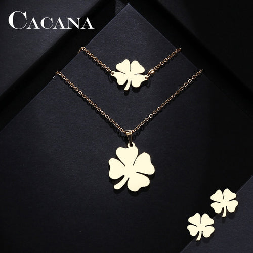 CACANA Stainless Steel Sets For Women Clover Shape Necklace Bracelets Earrings For Women Lover's Engagement Jewelry S79