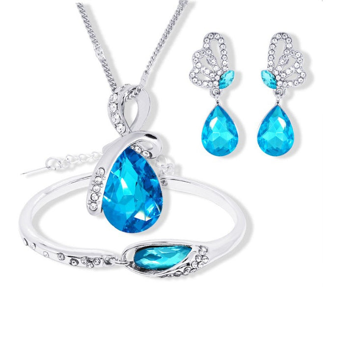 2018 New Wholesale Austrian Crystal Jewelry Sets Water Drop Pendant Necklace Stud Earring Bracelet Silver Plated Jewellery Women
