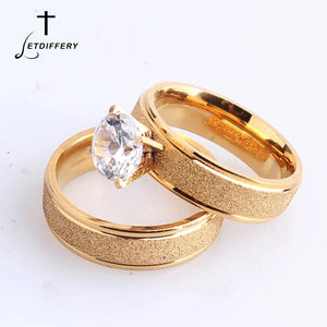 Letdiffery Bling Cubic  Zircon Matte Wedding Rings for Couple Gold Titanium Stainless Steel Romantic Anniversary Women Jewelry