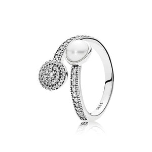 Original 925 Silver Ring Pave Logo Signature Classic Lotus Rice Ear Bow Crystal Round Open Finger Ring For Women Jewelry