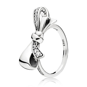 Original 925 Silver Ring Pave Logo Signature Classic Lotus Rice Ear Bow Crystal Round Open Finger Ring For Women Jewelry